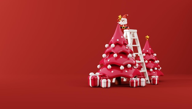 3D render of Santa Claus decorates the red Christmas tree surrounded by gift box Xmas Decorations