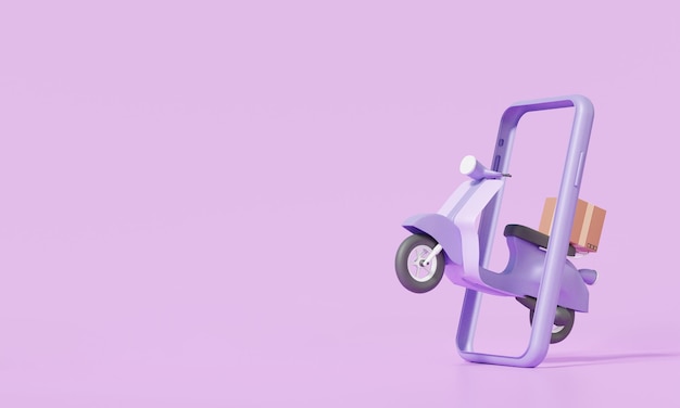 Photo 3d render scooter motorcycle online delivery parcels box via smartphone concept cartoon minimal style office shipping maps service express trunking copy space on purple background