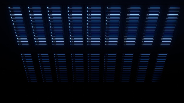 3D Render. Server cabinets glow in a dark room.