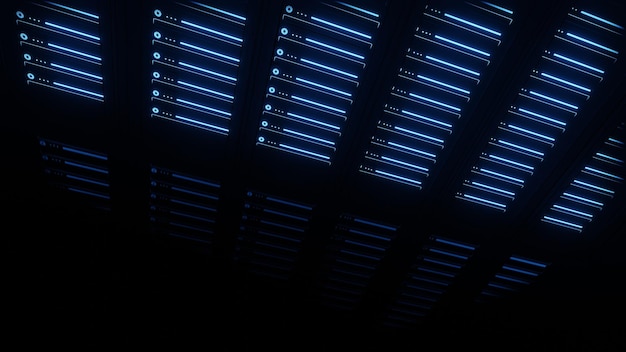 3D Render. Server cabinets glow in a dark room.