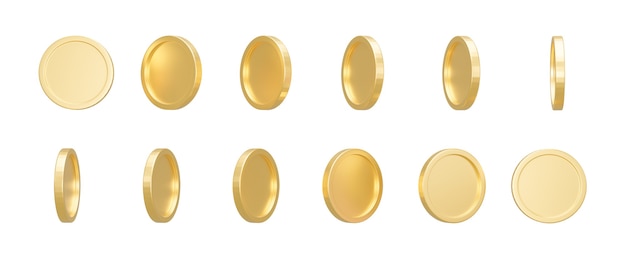 3D Render. Set of gold coins isolated on background in different positions. Bank or financial illustration