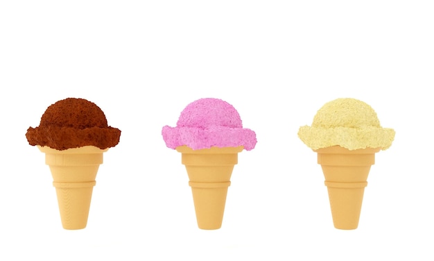 3d render Set of three ice creams isolated on white background 3d illustration