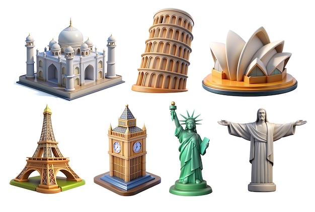 Photo 3d render for set worldfamous landmarks wonders isolated on white background