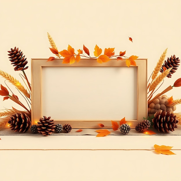 3D Render of Shabby Chic Blank Wooden Sign Board Turkeys Pinecones Inspired Floral Decorations