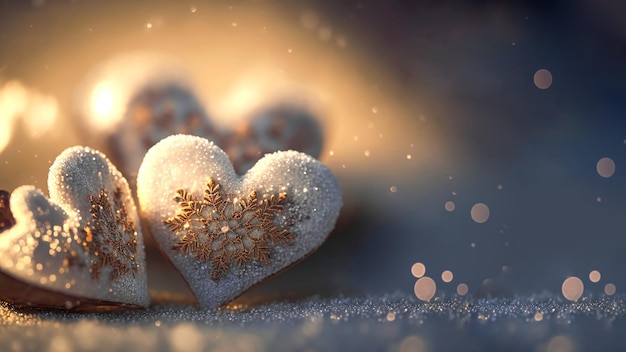 Photo 3d render of shiny glittery hearts with golden snowflakes on bokeh background love concept