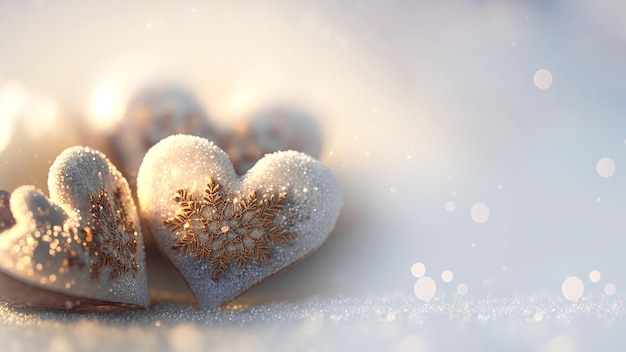 3D Render of Shiny Glittery Hearts With Golden Snowflakes On Bokeh Background Love Concept