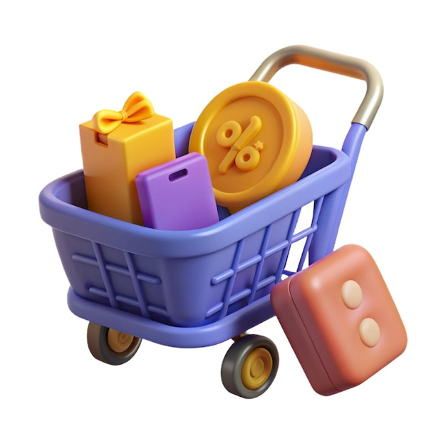 Photo 3d render of shopping cart discount tag gift coins and speech bubble shopping and savings concept