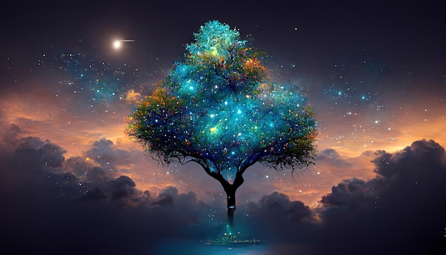 3d render of a silhouette of a tree against a space sky with moon