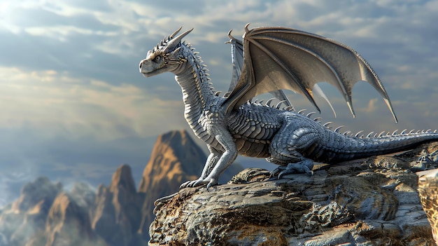 A 3D render of a silver dragon sitting on a mountaintop