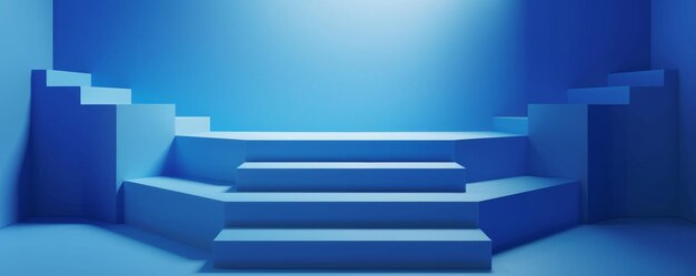 Photo 3d render of a simple blue podium with steps in a minimalistic design