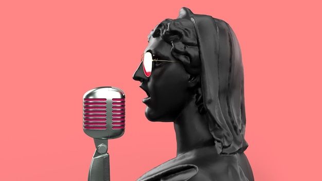 3d render a singer with a microphone in profile in glasses an antique statue