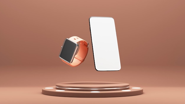 3D Render Of Smart Phone and Smart Watch over podium Blank Screens for your Product Advertisement or App Presentation