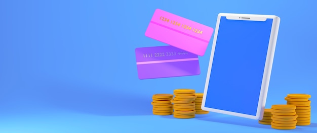 3D render smartphone, credit cards and coin stacks isolated on blue background