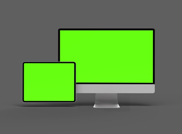 3D Render of smartphone tablet desktop with green screens on a dark background