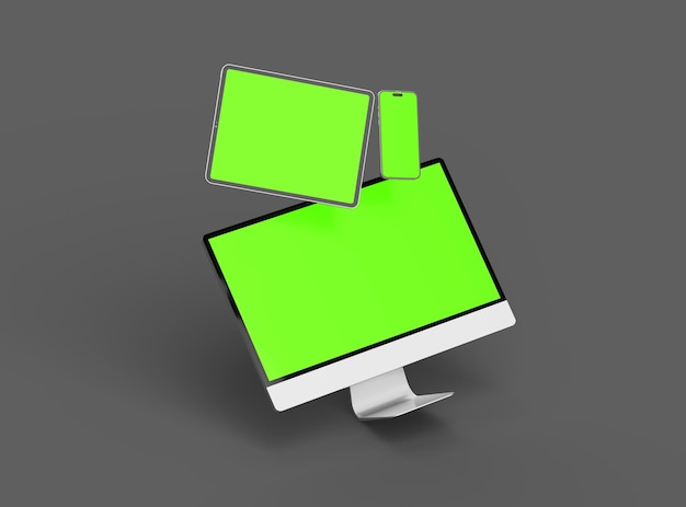 3D Render of smartphone tablet desktop with green screens on a dark background