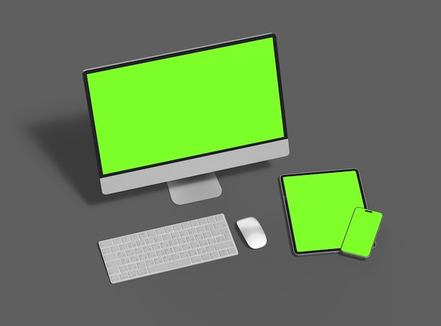 3D Render of smartphone tablet desktop with green screens on a dark background