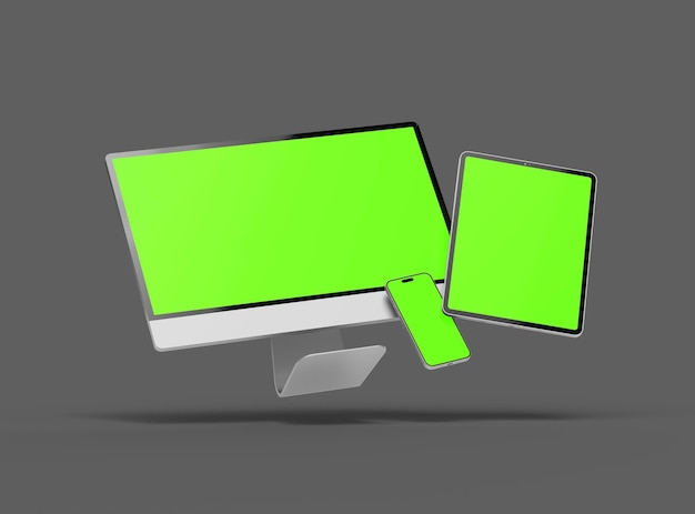 3D Render of smartphone tablet desktop with green screens on a dark background