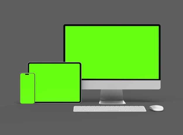 3D Render of smartphone tablet desktop with green screens on a dark background