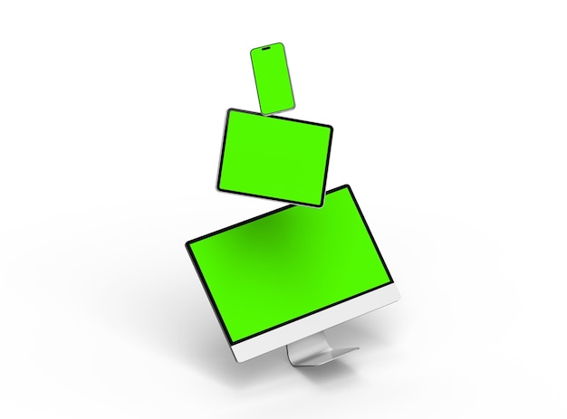 3D Render of smartphone tablet desktop with green screens on a light background