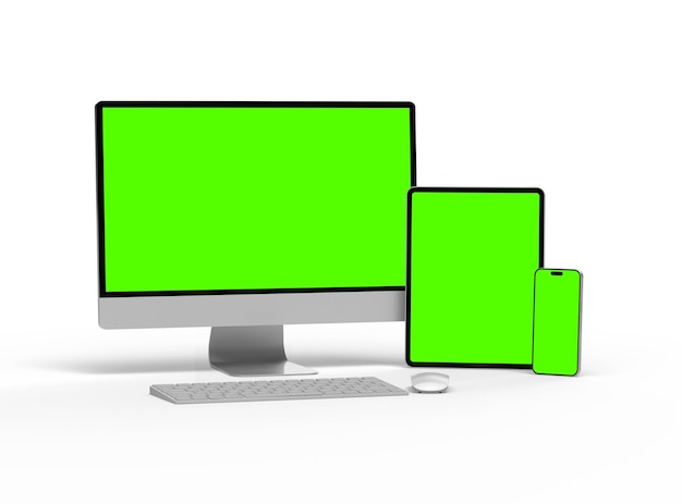 3D Render of smartphone tablet desktop with green screens on a light background