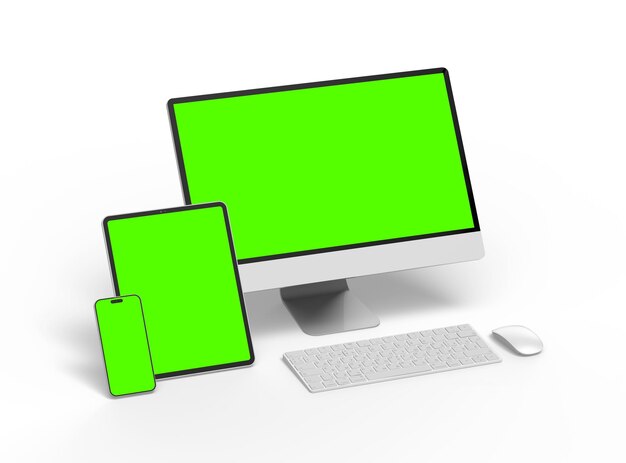 3D Render of smartphone tablet desktop with green screens on a light background