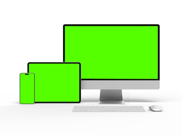 3D Render of smartphone tablet desktop with green screens on a light background