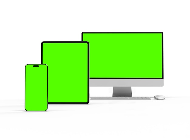 3D Render of smartphone tablet desktop with green screens on a light background