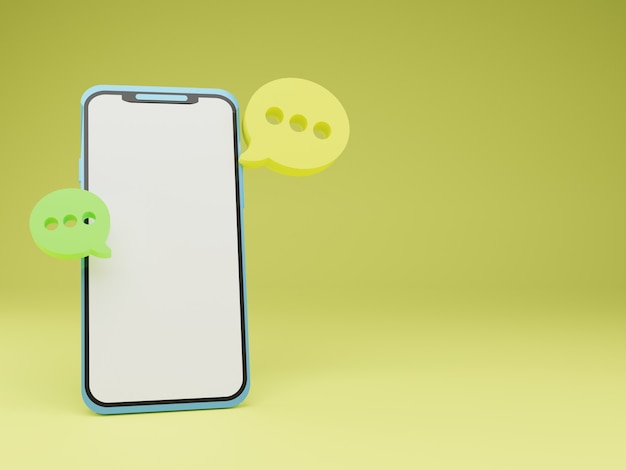 3d render smartphone with floating bubble chat in yellow background