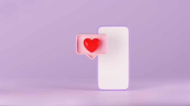 3d render of smartphone with love icon in pastel pink speech bubble box