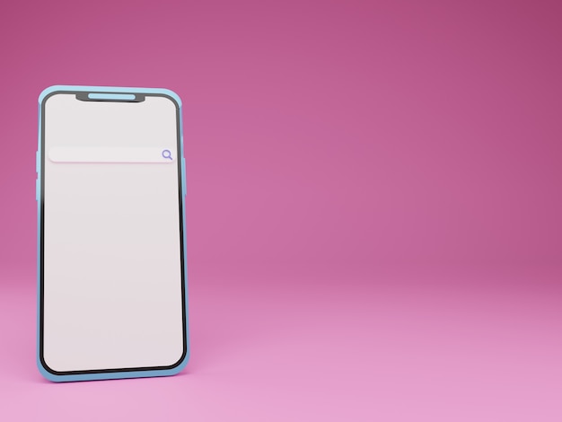 3d render smartphone with search bar in pink background