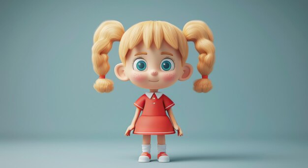 Photo 3d render of a smiling cartoon girl with pigtails in a red dress and white shoes