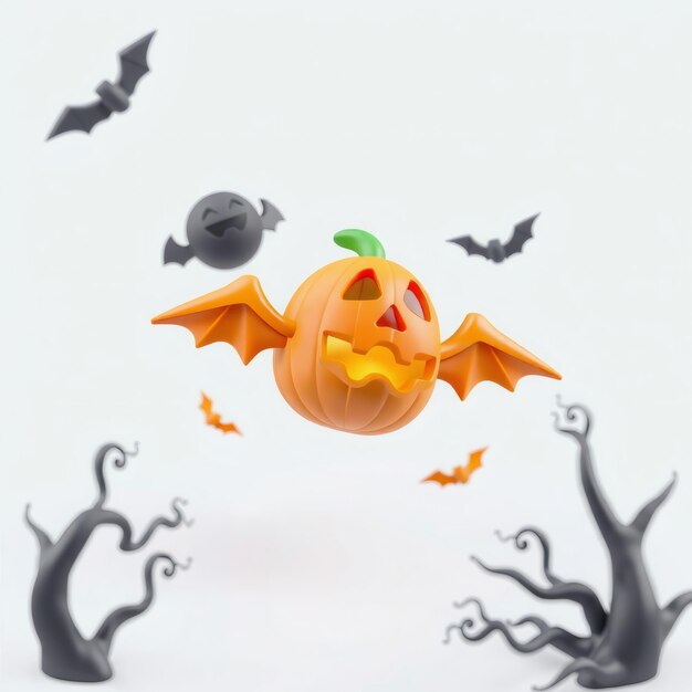 Photo 3d render of a smiling jackolantern pumpkin with bat wings flying in a halloween scene