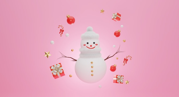 3d render of snowman at christmas on pink background