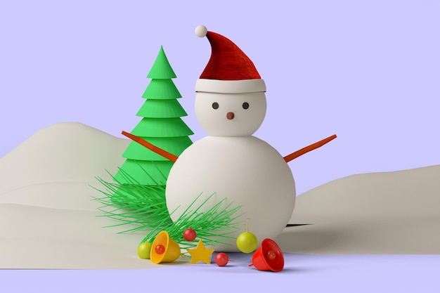 3d render snowman and pine tree