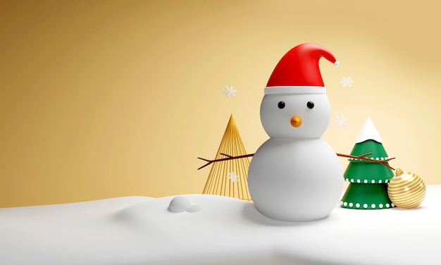 3D Render of Snowman Xmas Tree Bauble Snowflakes and Snow for Winter Holidays or Christmas Celebration Concept