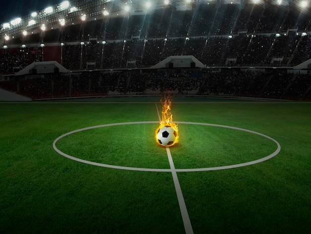 3d render Soccer ball on fire on the green field in soccer stadium ball game concept