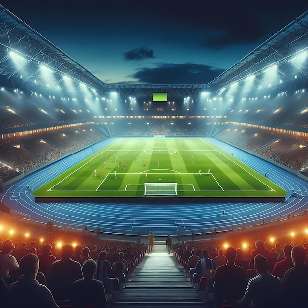 3D render of a soccer stadium at night with lights in the background