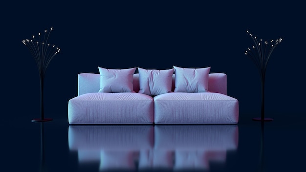 3d render a sofa and two lamps near it on both sides neon light reflection view of the basement