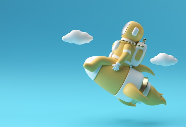 3d Render Spaceman Astronaut Flying with Rocket 3d illustration Design.