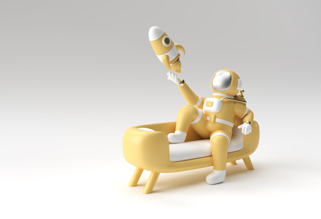 3d Render Spaceman Astronaut Sitting on Sofa with Flying Rocket 3d illustration Design.