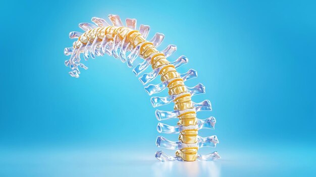 Photo 3d render of spine with transparent vertebrae on blue background