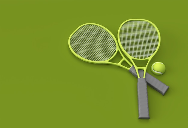 3D Render Sport equipment tennis racket with a ball on green Background