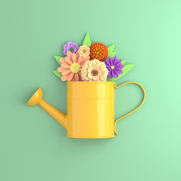 Photo 3d render, spring paper flowers in watering can, spring botanical arrangement, floral clip art, bouquet isolated on pastel green background, nursery wall decor, baby shower, peony, daisy, rose, leaves