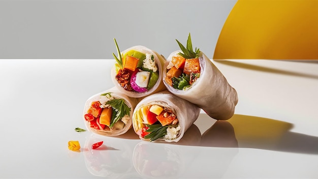 Photo 3d render of spring rolls on a pristine white background