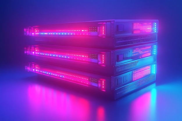 Photo 3d render of stacked servers with pink and blue neon lights digital technology