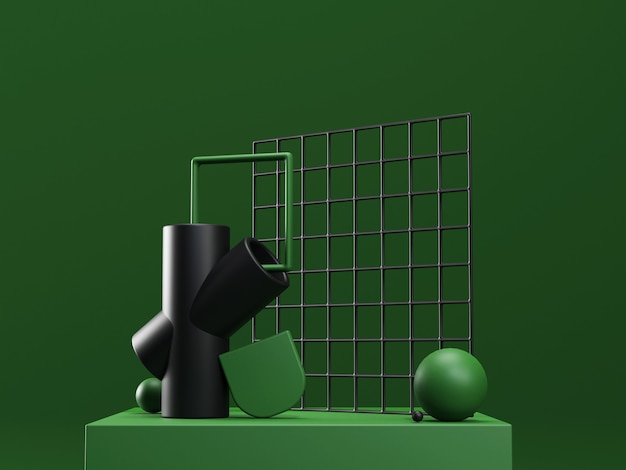 3d render stage with abstract geometric shapes in green and black colors. Modern unreal composition