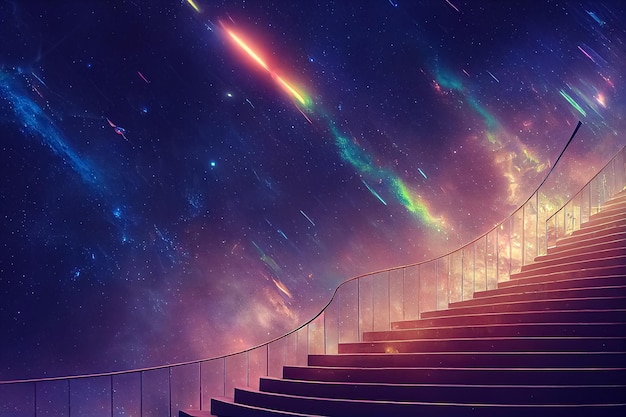 3d render of stairs to the starry sky with beautiful shining and space around