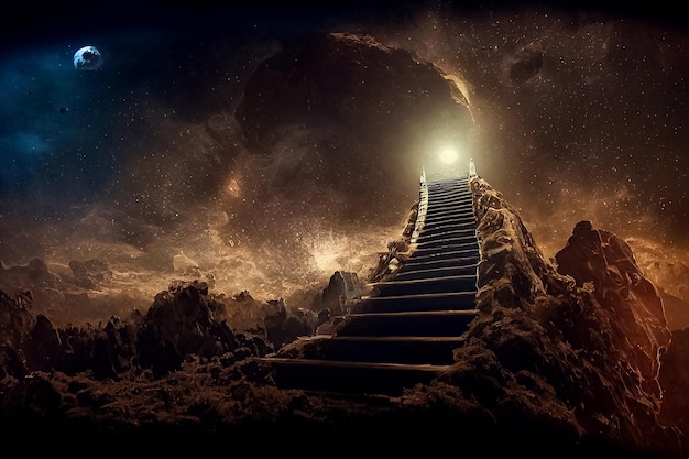 3d render of stairs to the starry sky with beautiful shining and space around