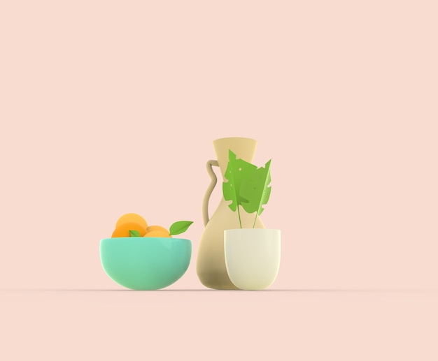 3d render still life Vses with laves and fruits and plants pot illusration