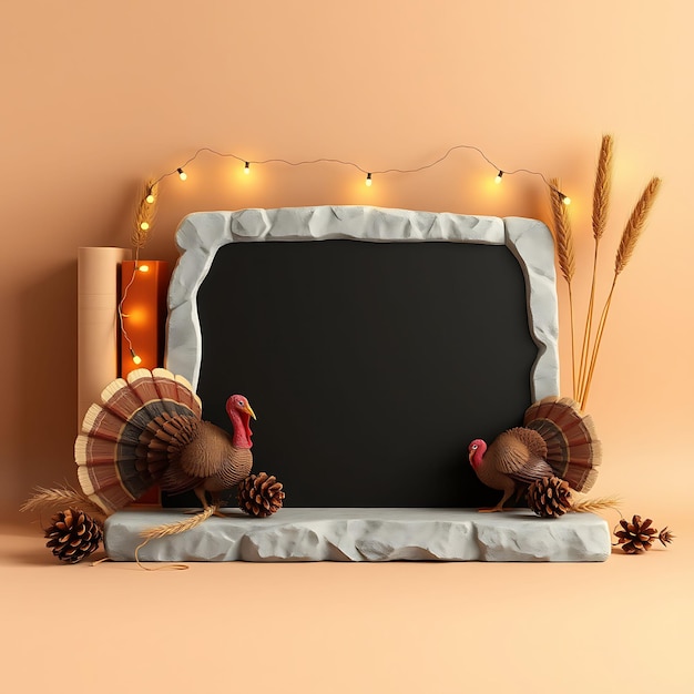 3D Render of Stone Chalkboard Blank Sign Board Turkeys Pinecones W Inspired Floral Decorationsh